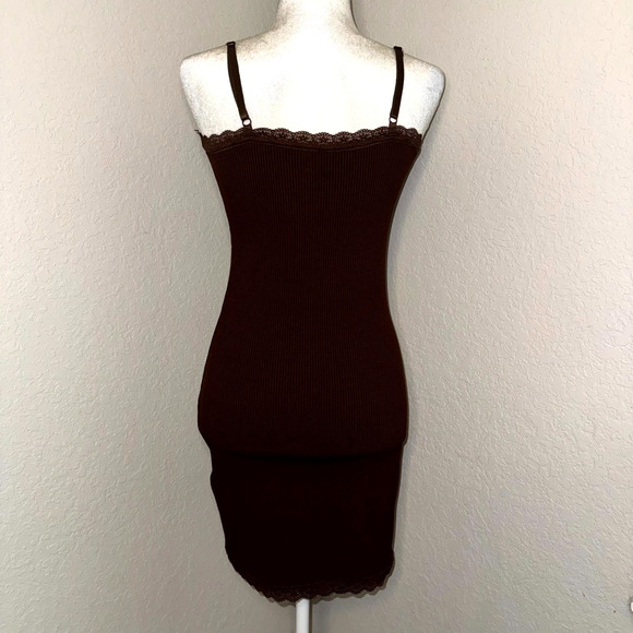 H&M Bodycon Dress Women's Small Brown Ribbed Lace Trim Spaghetti Straps Coquette - Picture 4 of 9